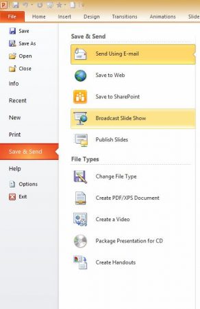 powerpoint save and send files