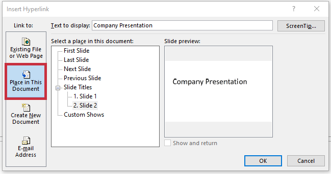 Insert Hyperlink in PowerPoint:  Place in aktual document