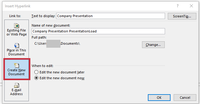 Insert Hyperlink in PowerPoint: Create new document