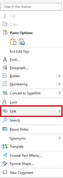 Insert Hyperlink in PowerPoint: Use Link option in drop down menu