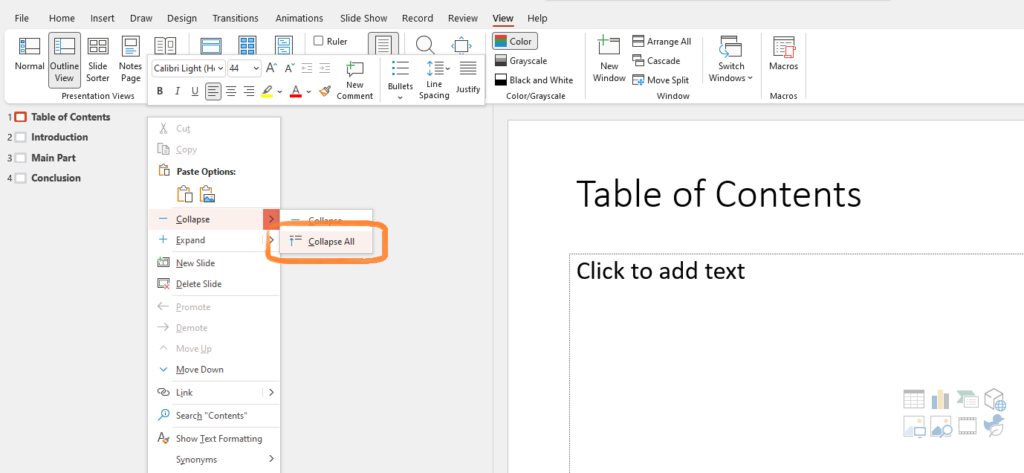 PowerPoint Table of Contents