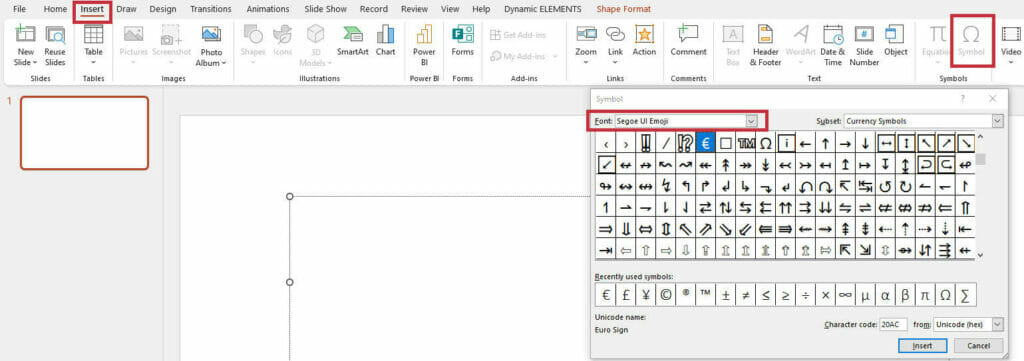 Inster Emojis as symbol in PPT